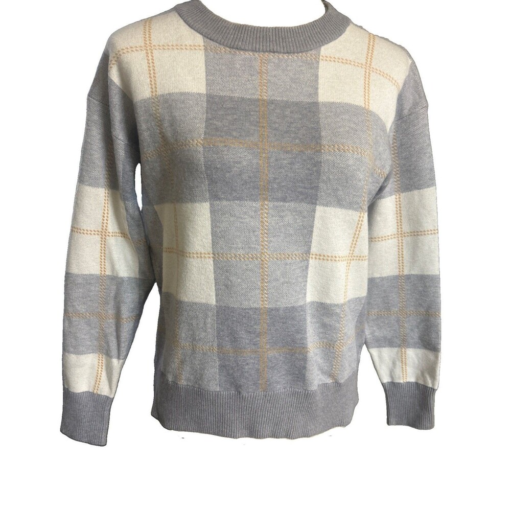 Rachel Zoe Womens Sz S Plaid Windowpane Gray Beige Neutral Knit Pullover Sweater